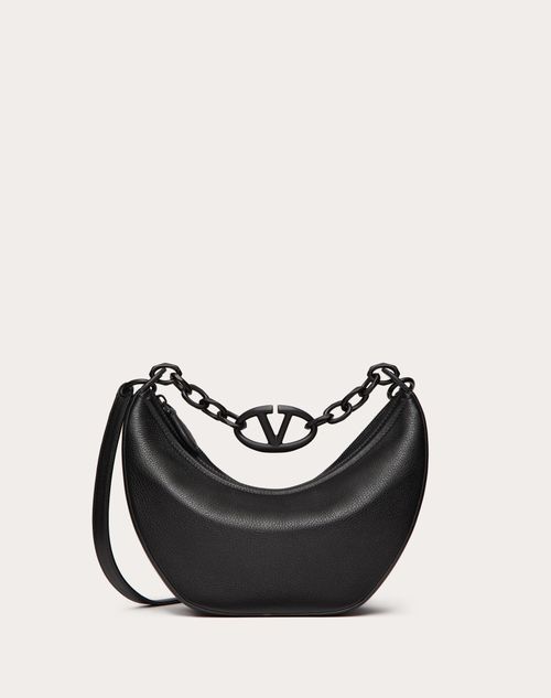 Valentino Garavani - Bolso Hobo Pequeño Vlogo Moon De Cuero Graneado De Becerro Con Cadena - Negro - Mujer - Bolsos De Hombro