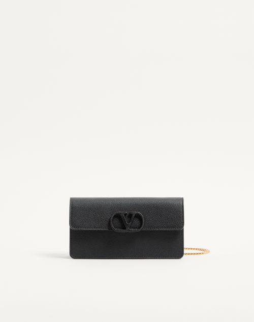 Valentino Garavani - Portafoglio Con Catena Vlogo Signature In Vitello Granato - Nero - Donna - Pochette