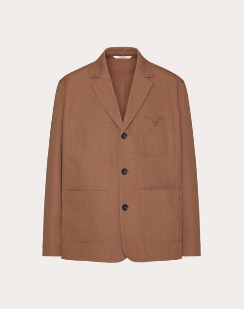 Valentino - Single-breasted Stretch Cotton Canvas Jacket With Rubberised V Detail - Clay - Man - Coats And Blazers