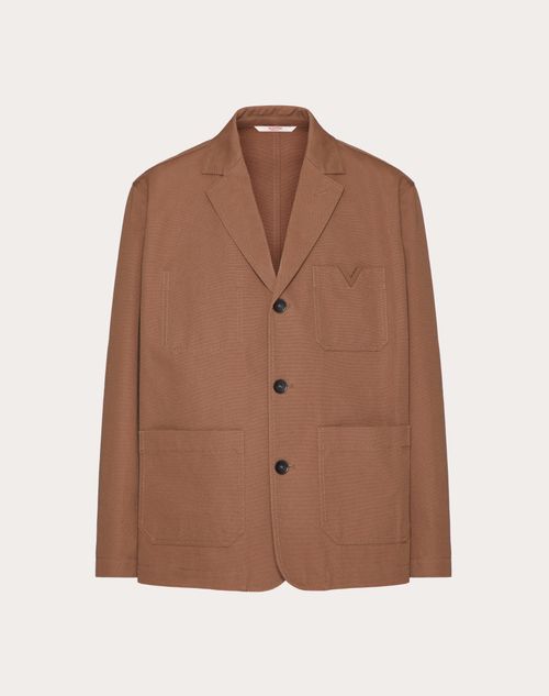 Valentino - Single-breasted Stretch Cotton Canvas Jacket With Rubberized V Detail - Clay - Man - Coats And Blazers