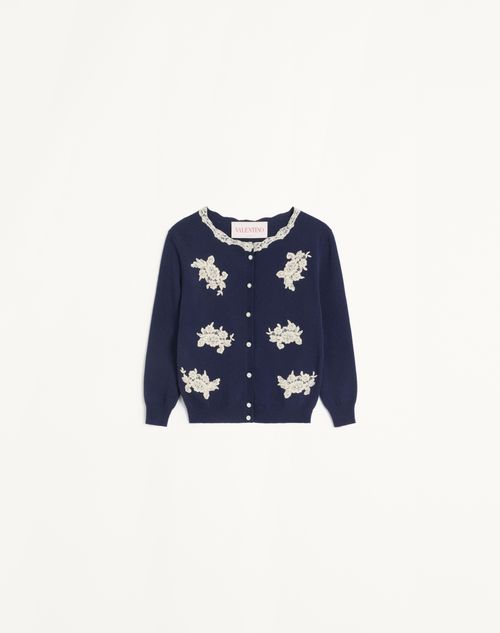 Valentino - Embroidered Cardigan With Lace Inserts - Blue/ivory - Woman - Knitwear