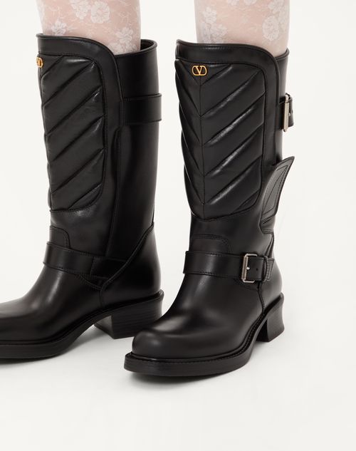 Valentino Garavani - Rayons Biker Boot In Calfskin And Nappa Leather With Chevron Pattern 40mm - Black - Woman - Boots
