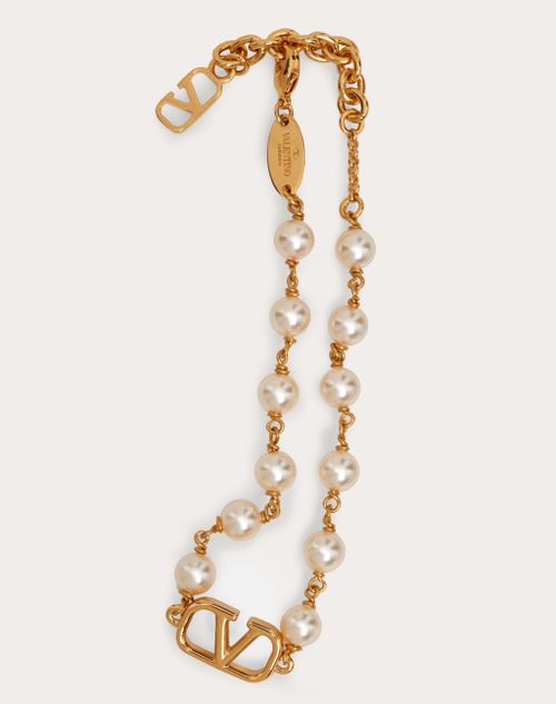 V Logo Faux Pearl And Crystal Ring in Gold - Valentino