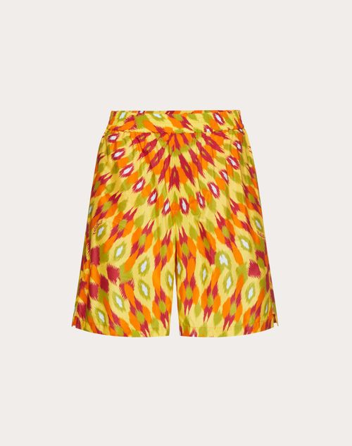 Valentino - Silk And Cotton Bermuda Shorts With Round Rain Print - Orange/multicolor - Man - Pants And Shorts