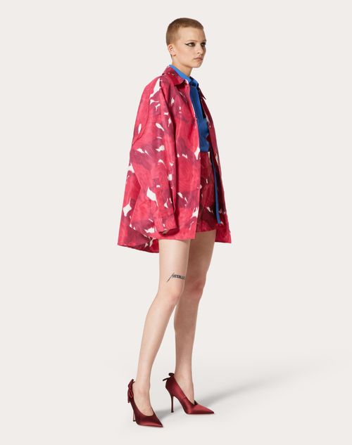 Valentino - Valentino Rose Moire' Faille Pea Coat - Ivory/red - Woman - Jackets And Blazers