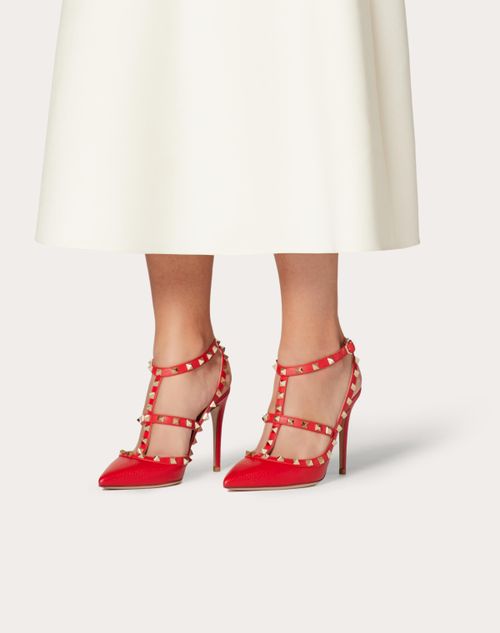 rockstud grainy calfskin ankle strap pump 100 mm