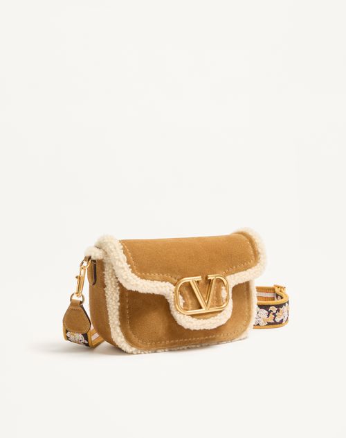 Valentino Garavani - Valentino Garavani Alltime Suede Shoulder Bag With Sheepskin Lining And Embroidered Ribbon Shoulder Strap - Havana Beige - Woman - Shoulder Bags