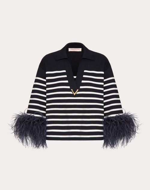 Valentino - Cotton Sweater With Feathers - Navy/ivory - Woman - Knitwear