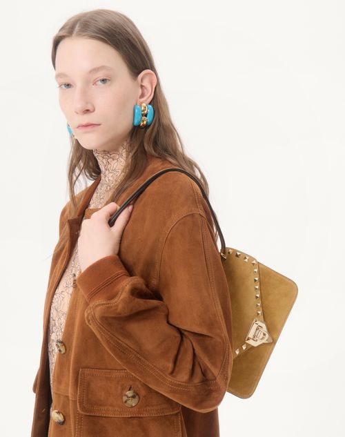 Valentino Garavani - Valentino Garavani Rockstud Small Shoulder Bag In Suede - Havana Beige - Woman - Shoulder Bags