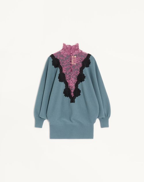 Valentino - Wollpullover Mit Spitze - Petrol/schwarz/rosa - Frau - Strickwaren