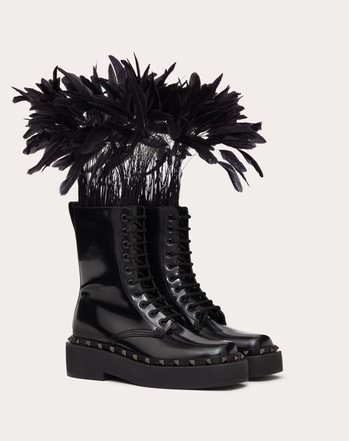 Valentino Garavani - Rockstud M-way Combat Boot In Calfskin With Feathers 50mm - Black - Woman - Boots&booties - Shoes
