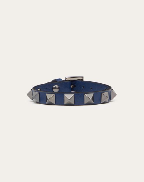 Valentino Garavani - Rockstud Leather Bracelet With Ruthenium Studs - Blue - Man - Jewelry