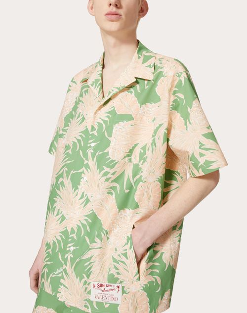 Cotton Bowling Shirt With Pineapple Print for Man in Green