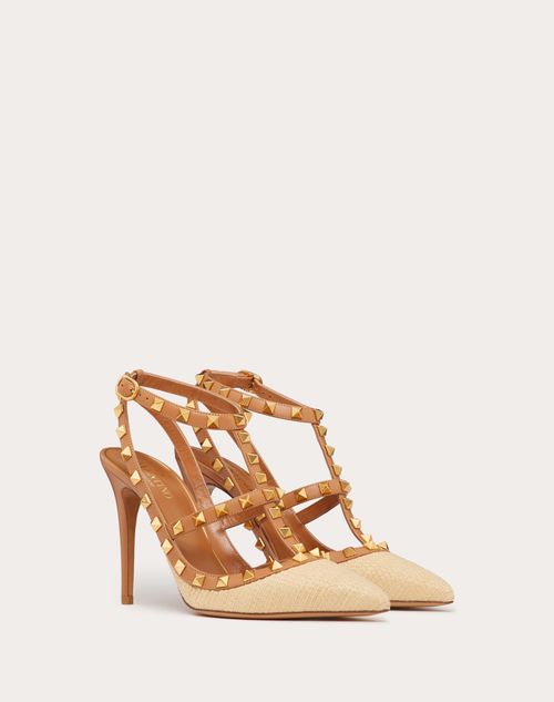 Valentino Garavani - Rockstud Raffia Pump With Straps 100 Mm - Natural - Woman - Rockstud Pumps - Shoes