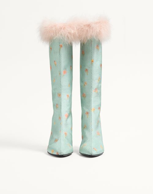 Valentino Garavani - Hotty Boot In Chiné Fabric With Floral And Polka-dot Pattern And Feathers 100mm - Sky Blue - Woman - Boots And Ankle Boots