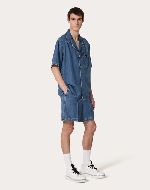 Valentino - Denim Bowling Shirt With Metallic V Detail - Denim - Man - Shelf - Mrtw - Embroideries & Denim