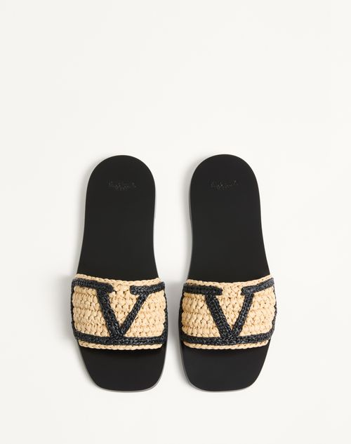 Valentino Garavani - VIVA SUPERSTAR SLIDE SANDAL IN RAFFIA WITH CROCHET EMBROIDERY  - Natural - Woman - Slides And Thongs