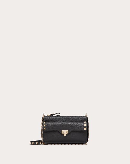 Valentino Garavani - Bolso De Mano Pequeño, De Cuero Graneado De Becerro Con Cadena Rockstud - Negro - Mujer - Bolso De Mano