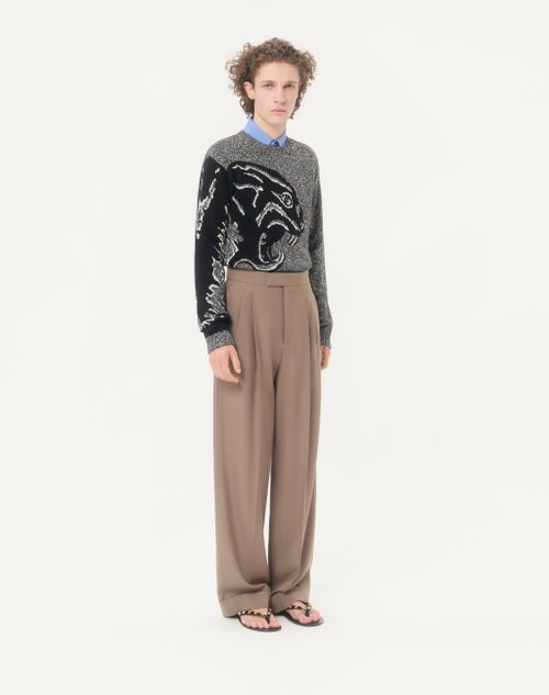 Valentino - Valentino Cotton And Mouliné Wool Jumper With Panther Jacquard - Ivory/black - Man - Knitwear