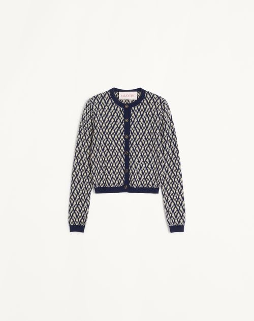 Valentino - Wool Cardigan With Toute La V Jacquard Pattern - Cream/navy - Woman - Knitwear