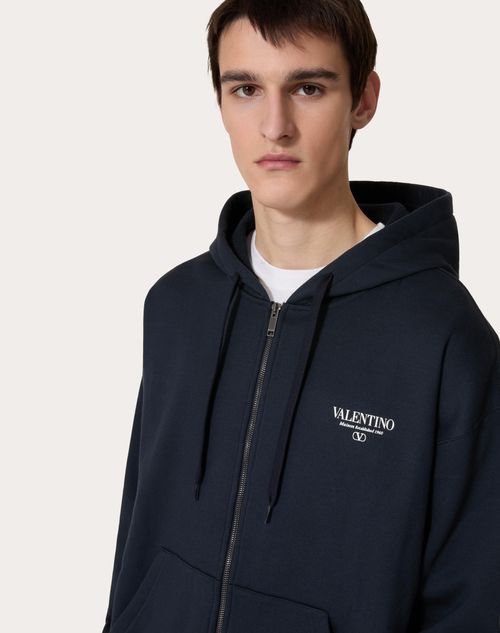 COTTON SWEATSHIRT WITH HOOD ZIP AND VALENTINO PRINT