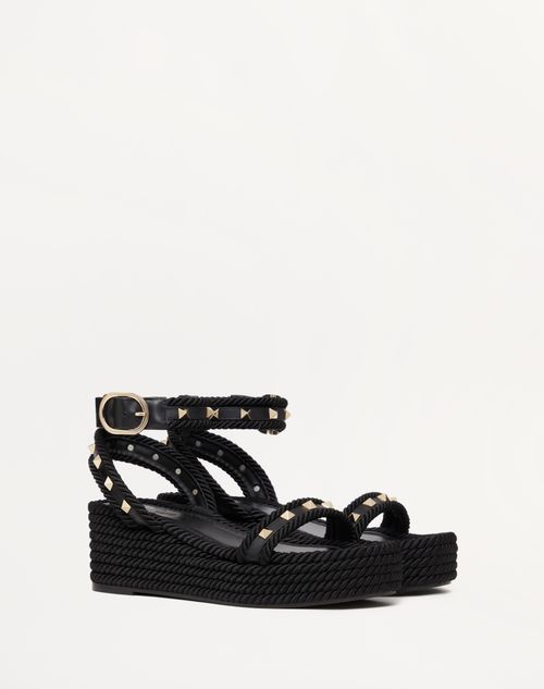 Valentino Garavani - Sandalia Rockstud Flatform De Cuero De Becerro Con Tacón De 45 mm - Negro - Mujer - Espadrilles - Shoes