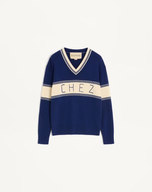 Valentino - Wool And Cotton Sweater With Chez Valentino Jacquard Pattern - Blue/butter - Man - Knitwear