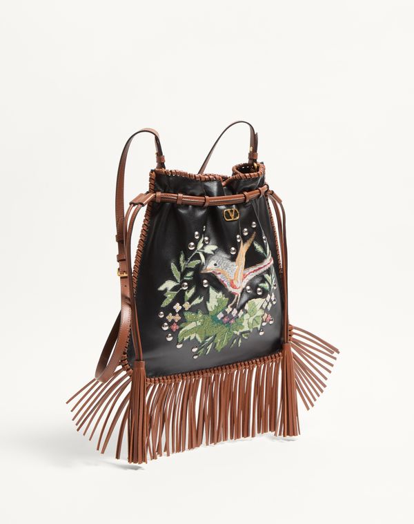 Valentino Garavani Garavani Nellcôte Alice Embroidered Bag With Fringes Woman Black/multicolour/toba In Black/multicolour/tobacco