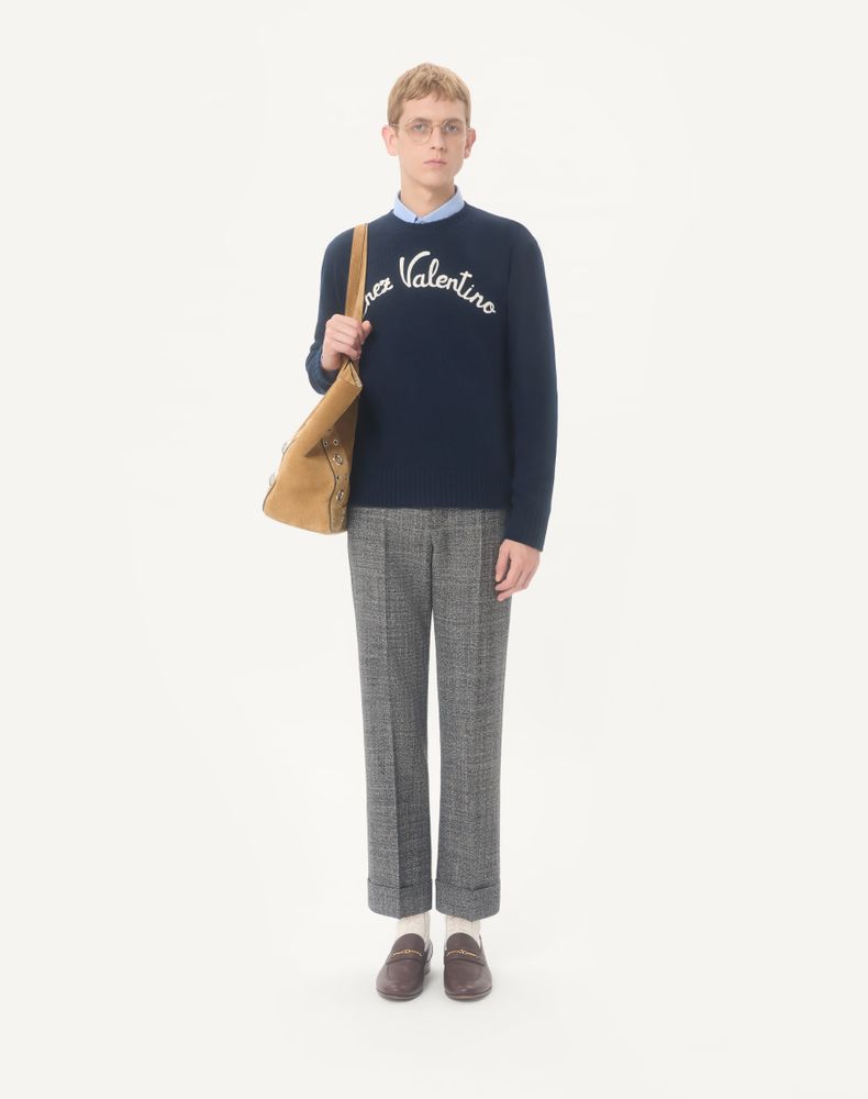 Valentino Wool Crewneck Jumper With Chez Embroidery Man Blue L