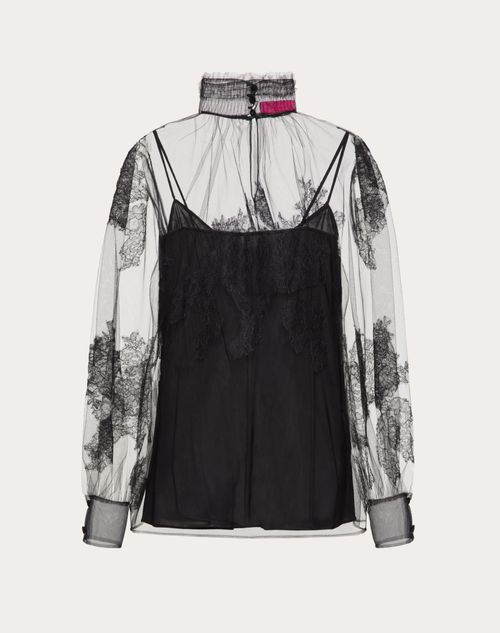 Valentino - Top In Tulle Illusione And Lace - Black - Woman - Shirts And Tops