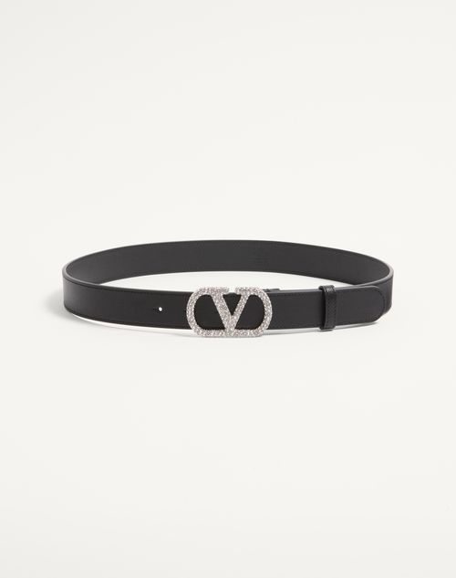 Valentino Garavani - Vlogo Signature Belt In Shiny Calfskin With Crystals 30 Mm - Black - Woman - Belts