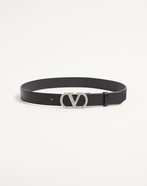 Valentino Garavani - Vlogo Signature Belt In Shiny Calfskin With Crystals 30 Mm - Black - Woman - Belts