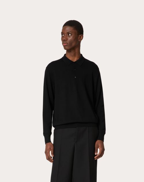 Valentino - Long-sleeve Wool Polo Shirt With Vlogo Signature Embroidery - Black - Man - Apparel