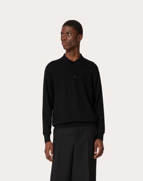 Valentino - Polo À Manches Longues En Laine Avec Broderie Vlogo Signature - Noir - Homme - Prêt-à-porter