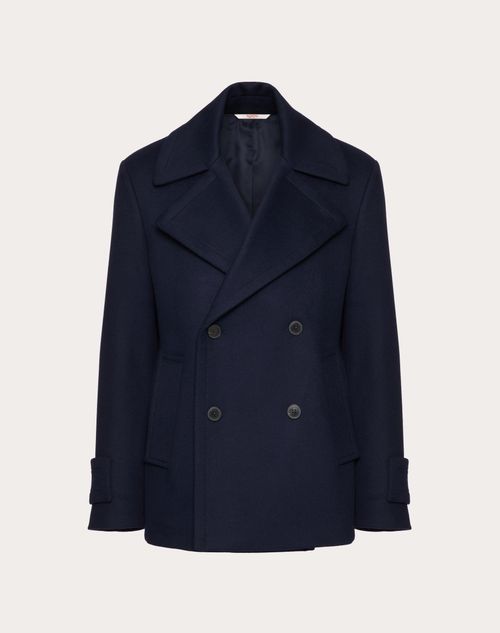 Valentino - Mohair Wool Pea Coat With V Detail - Navy - Man - Man Ready To Wear Sale