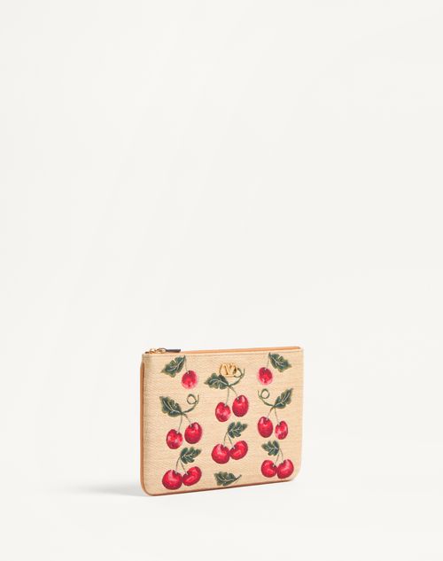 Valentino Garavani - Vlogo Signature Pouch In Jacquard Raffia With Cherry Pattern - Natural/red - Woman - Valentino Garavani Vlogo Signature