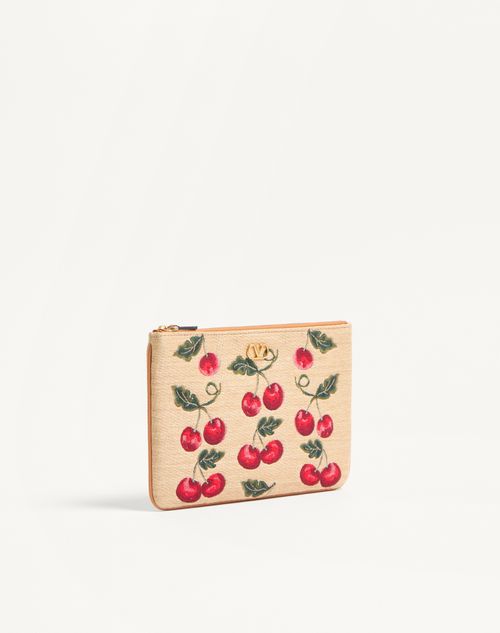 Valentino Garavani - Vlogo Signature Clutch Aus Jacquard-raffiabast Mit Cherryfic-motiv - Natur/rot - Frau - Pochetten