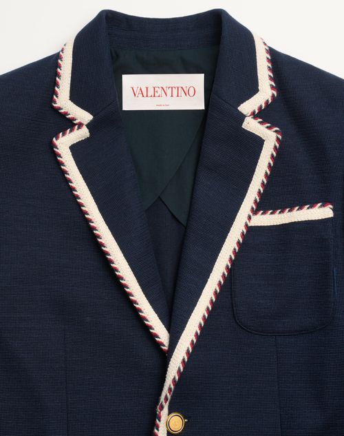 Valentino - Single-breasted Jersey Cotton Jacket With Torchon Piping - Navy - Man - Coats And Blazers