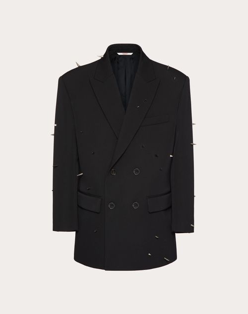 Double-breasted Wool Jacket With Punk Studs for Man in Black Double-breasted Wool Jacket With Punk Studs for Man in Black