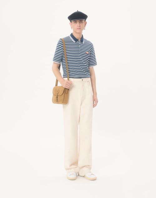 Valentino - Valentino Cotton Piqué Polo With Vlogo Patch - White/blue - Man - T-shirts And Sweatshirts