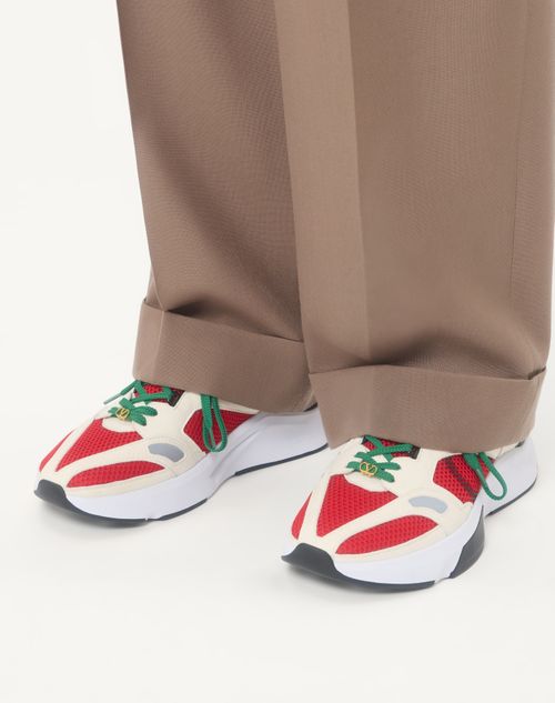 Valentino Garavani - Baskets Demivee En Tissu Ajouré Avec Empiècements En Daim - Blanc/rouge - Homme - Baskets