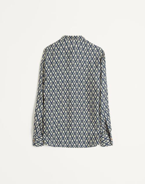 Valentino - Silk Twill Shirt With Toute La V Print - Navy/cream - Man - Shirts
