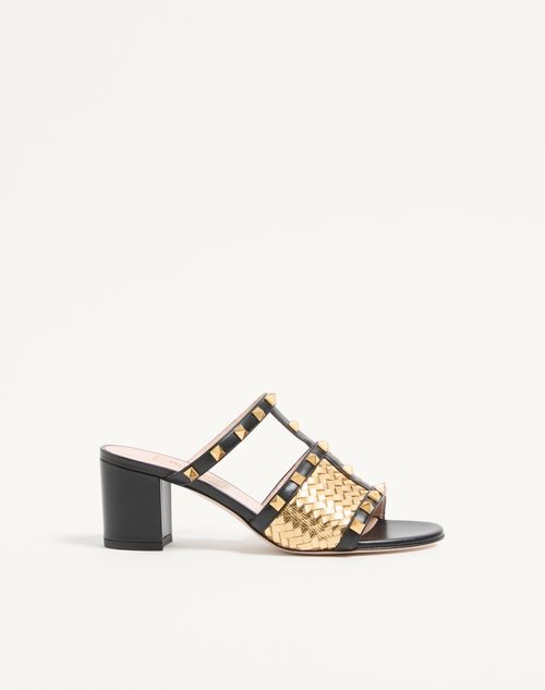 Valentino Garavani - Rockstud Slide Sandal In Laminated Woven Nappa 60mm - Gold/black - Woman - Sandals