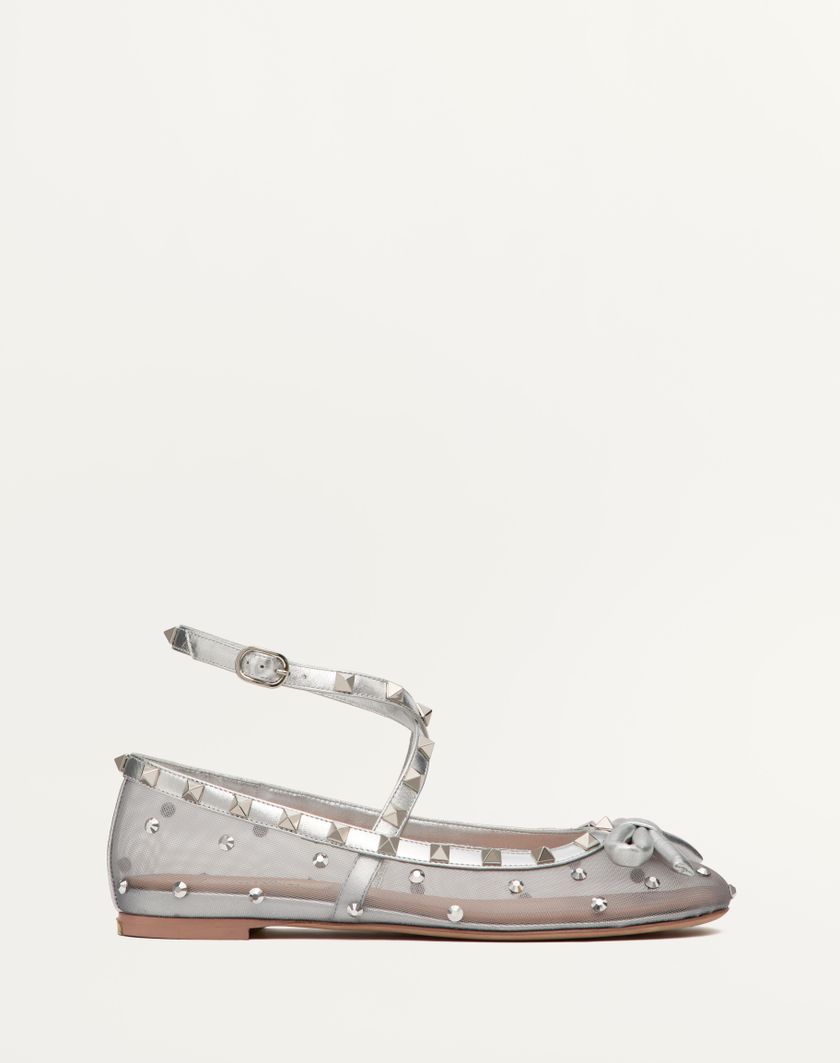 Valentino Handbags Ballerina Rockstud In Rete Con Cristalli per Donna in Pastel Grey/silver | Valentino IT