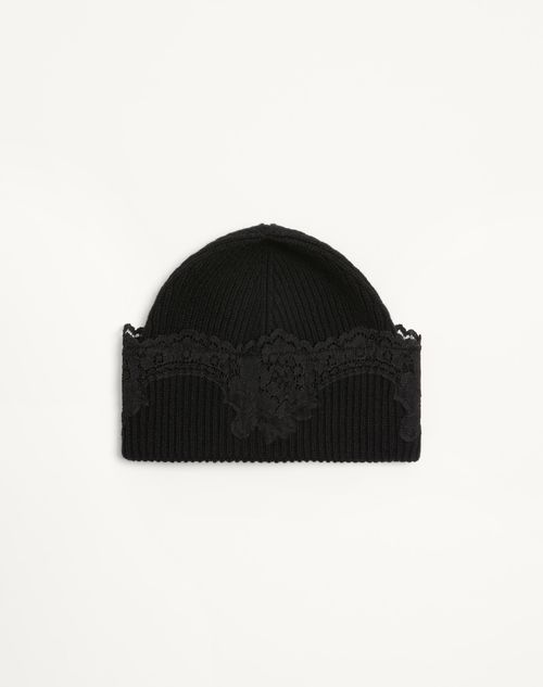 Valentino Garavani - Vlogo Signature Cashmere And Lace Beanie - Black - Woman - Soft Accessories - Accessories