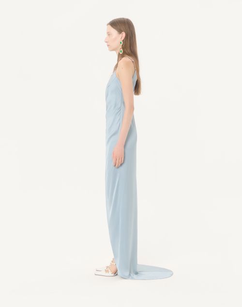 Valentino - Long Dress In Embroidered Cady Satin - Azure/silver - Woman - Ready To Wear