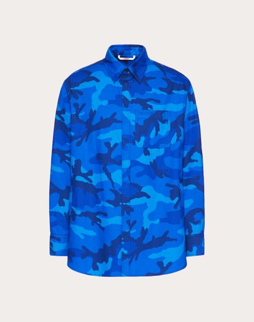 Valentino - Cotton Overshirt With Camouflage Print And Valentino Embroidery - Blue Camo - Man - Outerwear