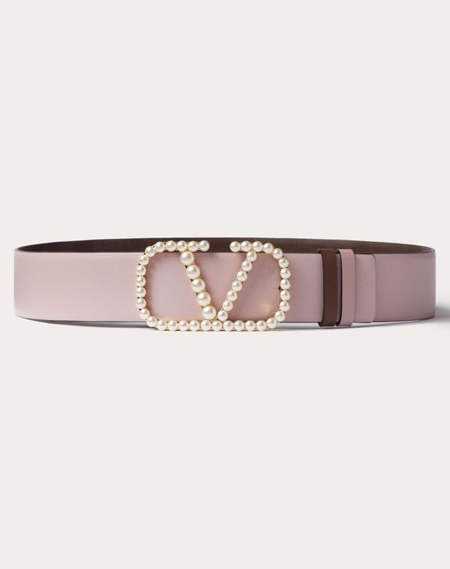 Valentino Garavani - Vlogo Signature Reversible Belt In Shiny Calfskin With Pearls 40 Mm - Water Lilac - Woman - Belts - Accessories