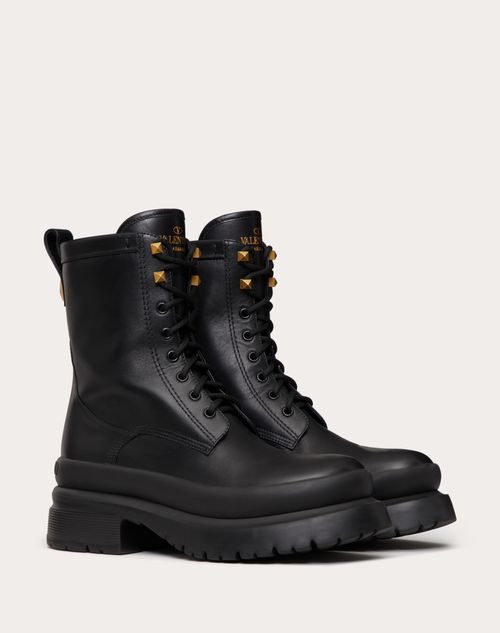 Valentino Garavani - Roman Stud Calfskin Leather Combat Boot 50mm - Black - Woman - Woman Shoes Sale