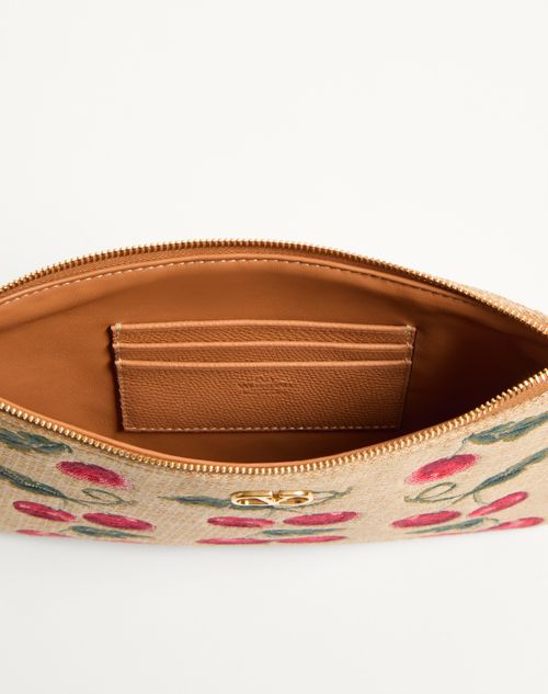 Valentino Garavani - VLOGO SIGNATURE POUCH IN JACQUARD RAFFIA WITH CHERRYFIC PATTERN - Natural/red - Woman - Clutches